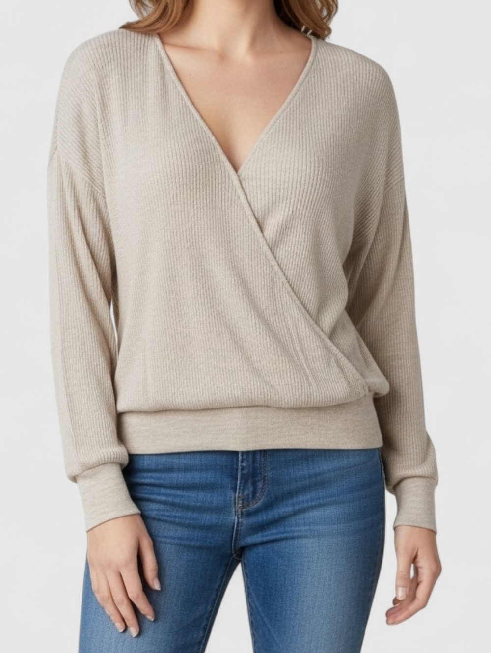 L’Agence Amber Ribbed Wrap Top Beige Surplice Knit Blouse Size S